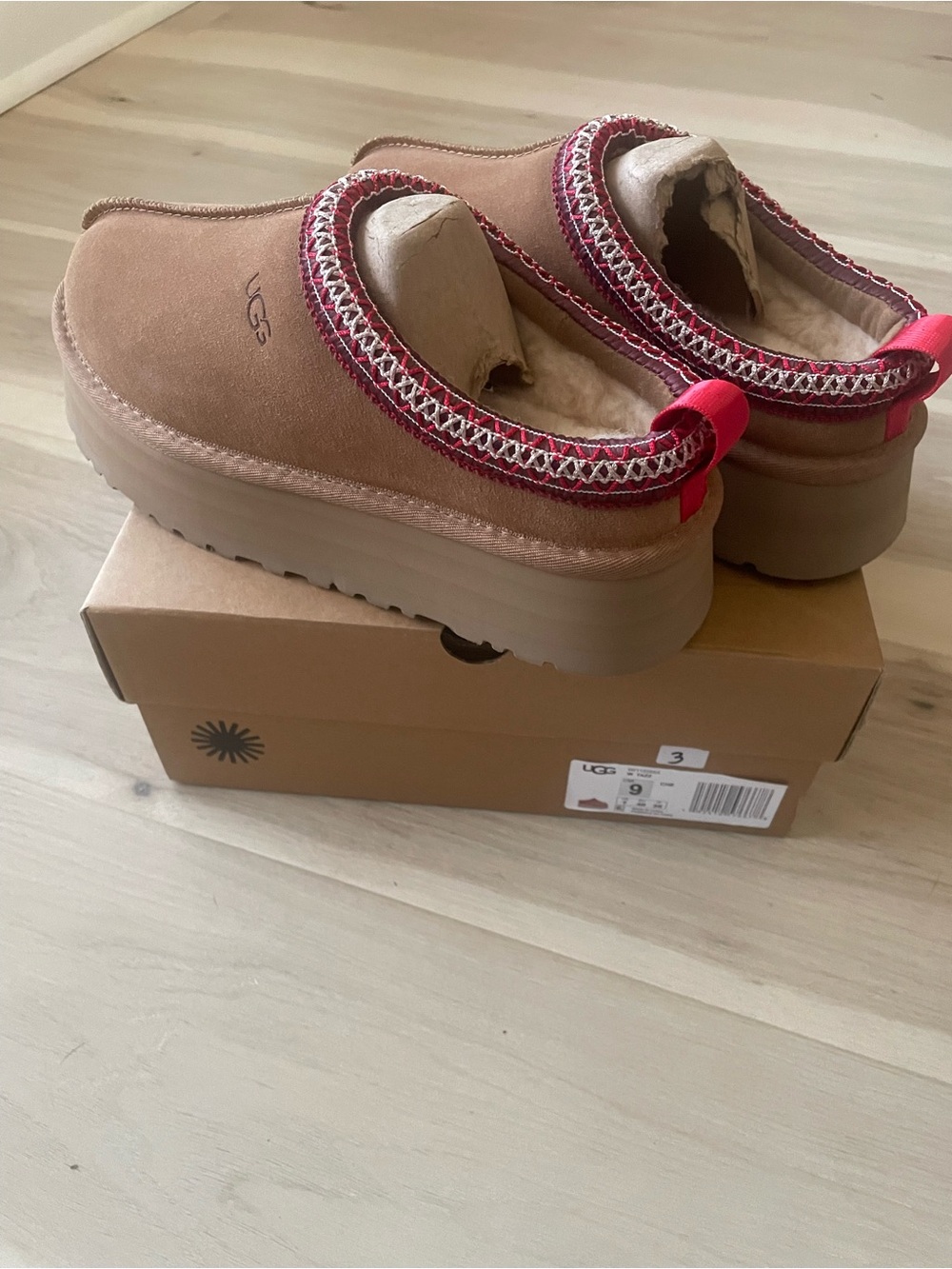 UGG Women's Chestnut Suede Platform Mules with Red Accent